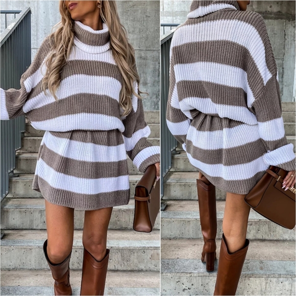 Harmony In Nature Sweaters - Maeve Striped Sweater Dress - Mocha